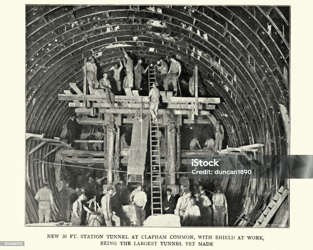 Building Station Tunnel at Clapham Common, London Underground, 1899 Vintage photograph of workers Building Station Tunnel at Clapham Common, London Underground, 1899 Archival Stock Photo