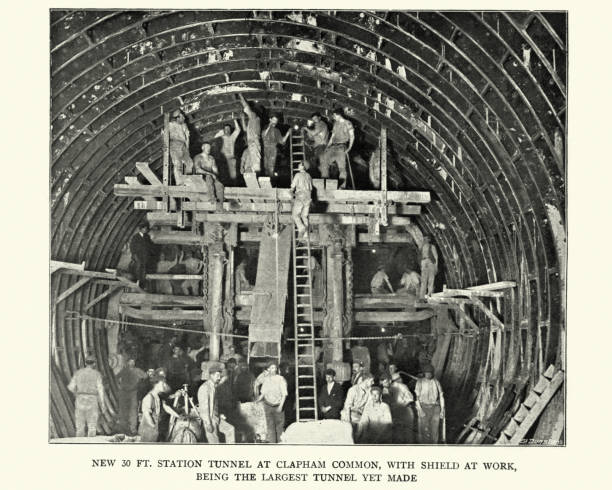 Building Station Tunnel at Clapham Common, London Underground, 1899 Vintage photograph of workers Building Station Tunnel at Clapham Common, London Underground, 1899 rail transportation photos stock pictures, royalty-free photos & images