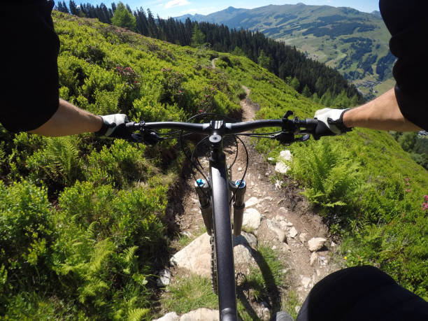 istock Mountainbiker jumping over a rock in Alps 814664038