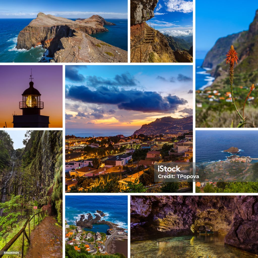 포르투갈에서 마데이라 섬의 콜라주 여행 이미지 0명에 대한 스톡 사진 및 기타 이미지 - 0명, 가로등, 건축 - Istock