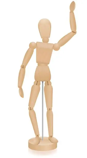 Vector illustration of Artist manikin - waving lay figure - three-dimensional mannequin with realistic wood grain. Isolated vector illustration over white background.