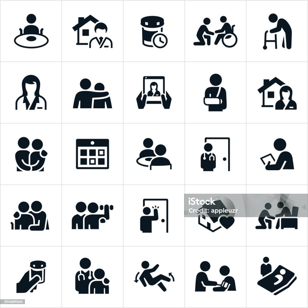 Home Health Care Icons An icon set of home health care and caregiver icons. The icons include concepts of medical health care offered at home as well as caregiving services. They consist of home health professionals, doctors, nurses, caregivers, patients, elderly, the sick to name a few. Icon Symbol stock vector