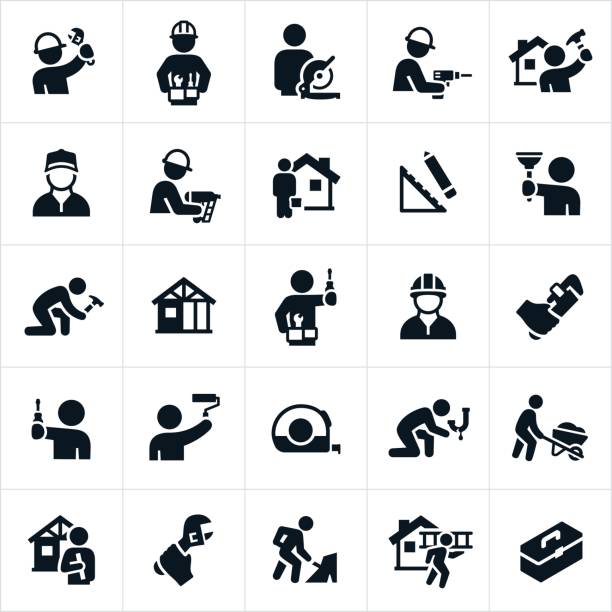 ilustraciones, imágenes clip art, dibujos animados e iconos de stock de manitas iconos - home improvement drill men house