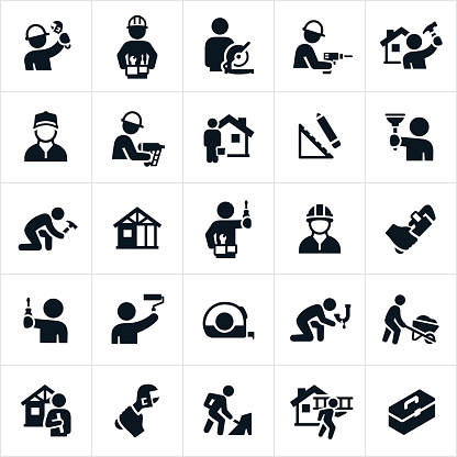 A set of handyman icons. The icons show different repairs and building performed by handymen. Many of the handymen are using tools to accomplish these tasks.