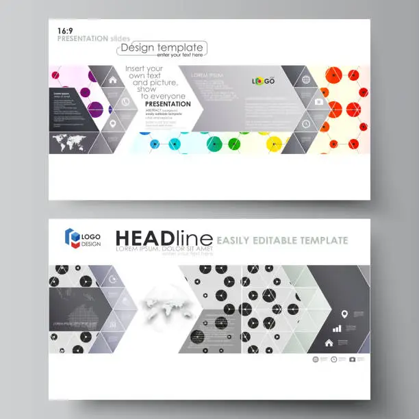 Vector illustration of Business templates in HD format for presentation slides. Abstract vector layouts in flat style. Chemistry pattern, hexagonal design molecule structure, DNA research. Geometric colorful background