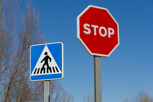Traffic control sign with Crossing guard, background with copy space, full frame horizontal composition