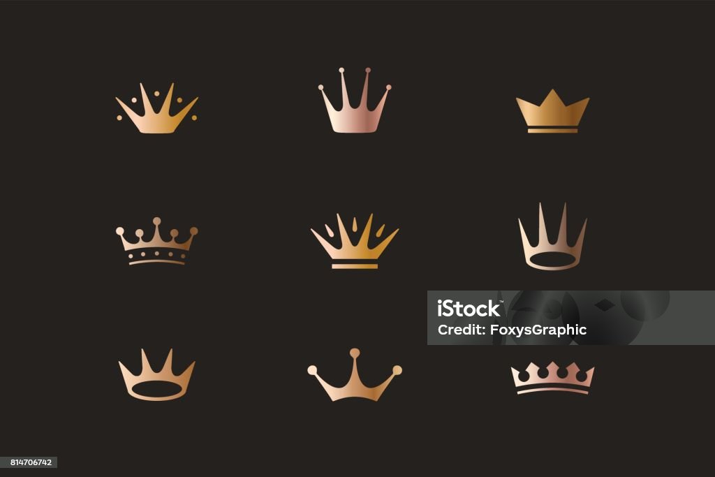 Set of royal gold crowns, icons and logos Set of royal gold crowns, icons and logos. Isolated luxury logo for branding, label, hotel, graphic design. Collection logos of crowns for royal persons, king, queen, princess. Vector Illustration Crown - Headwear stock vector