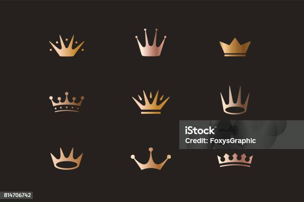 Set Of Royal Gold Crowns Icons And Logos Stock Illustration - Download Image Now - Crown - Headwear, King - Royal Person, Queen - Royal Person