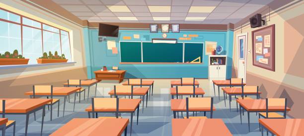 ilustraciones, imágenes clip art, dibujos animados e iconos de stock de junta interior sala de clase vacío pupitre - blackboard classroom backgrounds education