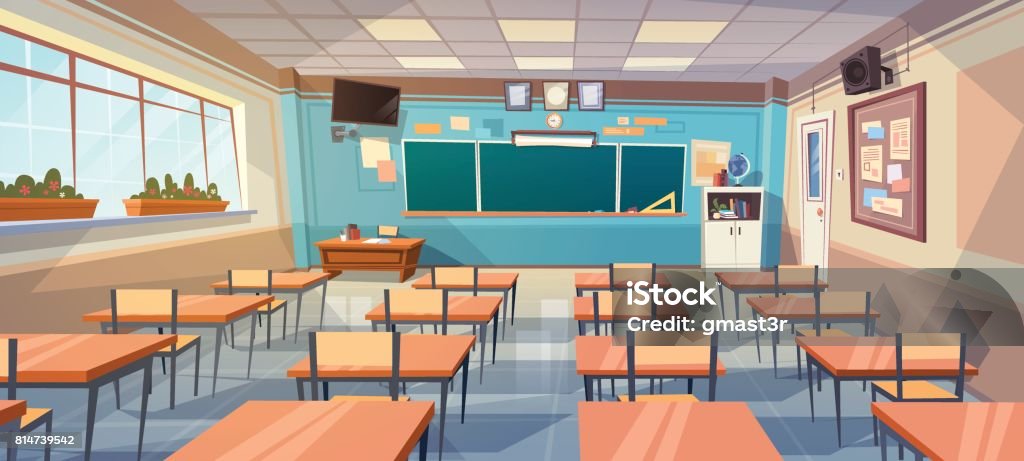 Empty School Class Room Interior Board Desk Empty School Class Room Interior Board Desk Flat Vector Illustration Classroom stock vector