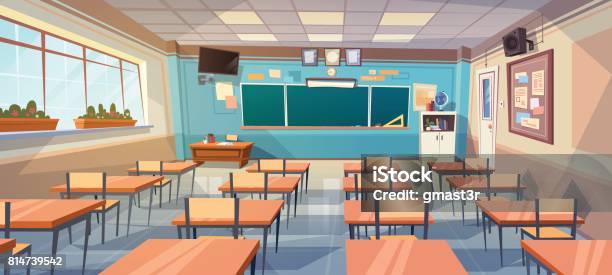 Empty School Class Room Interior Board Desk Stock Illustration - Download Image Now - Classroom, School Building, Cartoon