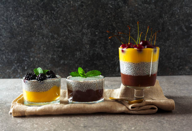 istock Layered desserts from chocolate and vanilla pudding and also from chia seeds with ripe fresh cherries on top and mint leaves. Concept of healthy eating. 814739568