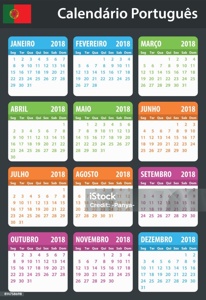 Portuguese Calendar for 2018. Scheduler, agenda or diary template. Week starts on Monday 2018 stock vector