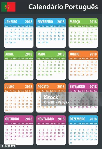 Portuguese Calendar For 2018 Scheduler Agenda Or Diary Template Week Starts On Monday Stock Illustration - Download Image Now