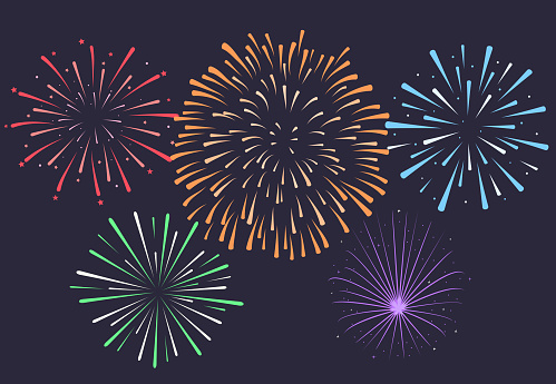 Firework on night background, anniversary bursting fireworks with stars and sparks. Vector