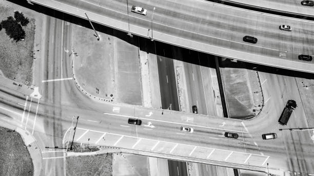 istock black and white Austin , TX Interstate and Highway Intersections and Crossroads near Urban Sprawl Dense transportation Overpass travel System 814771718