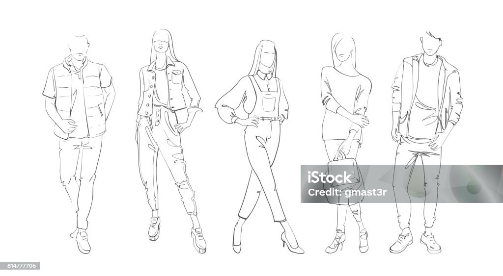 Fashion Collection Of Clothes Set Of Models Wearing Trendy Clothing Sketch Fashion Collection Of Clothes Set Of Models Wearing Trendy Clothing Sketch Vector Illustration Men stock vector