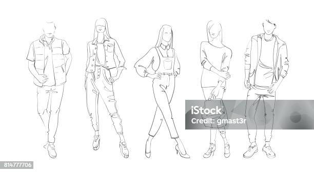 Fashion Collection Of Clothes Set Of Models Wearing Trendy Clothing Sketch Stock Illustration - Download Image Now