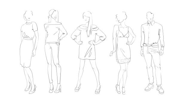 Fashion Collection Of Clothes Set Of Models Wearing Trendy Clothing Sketch Fashion Collection Of Clothes Set Of Models Wearing Trendy Clothing Sketch Vector Illustration fashion silhouettes stock illustrations