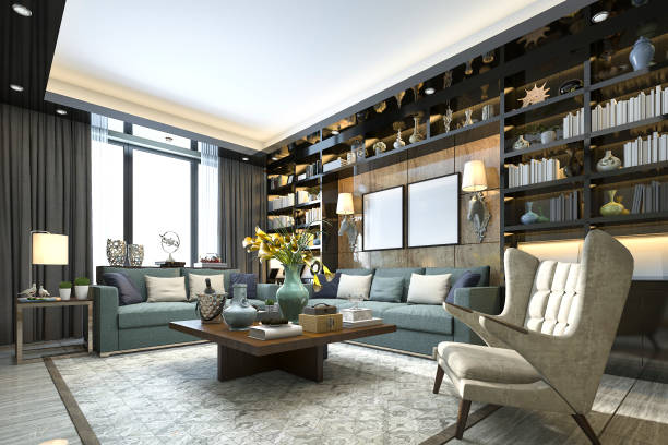 istock 3d rendering loft luxury living room with bookshelf and library 814794008