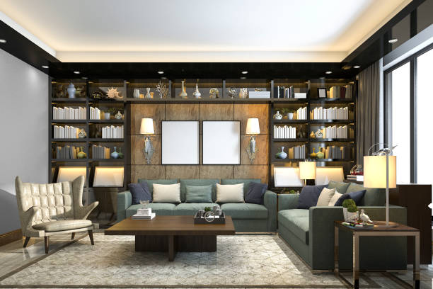 istock 3d rendering loft luxury living room with bookshelf and library 814794010