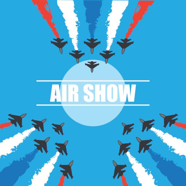 한 전투기의 기동 공기 쇼 배너에 대 한 푸른 하늘에 비행기. 벡터 일러스트 레이 션 - fighter plane airplane teamwork air force stock illustrations