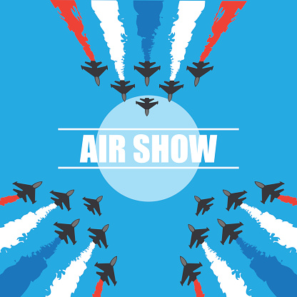 maneuvers of an fighter planes in the blue sky for air show banner. vector illustration