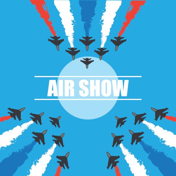 maneuvers of an fighter planes in the blue sky for air show banner. vector illustration maneuvers of an fighter planes in the blue sky for air show banner. vector illustration air show stock illustrations