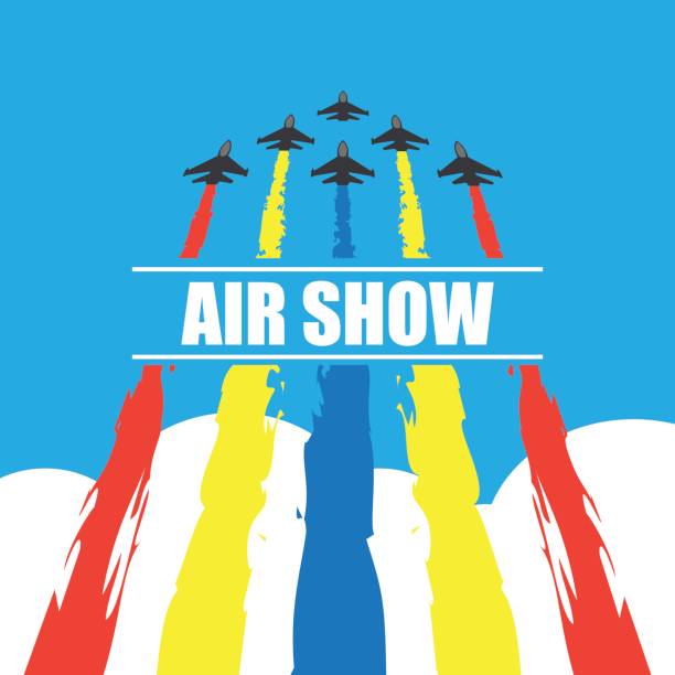 illustrations, cliparts, dessins animés et icônes de manœuvres d’un combattant des avions dans le ciel bleu pour la bannière du spectacle aérien. illustration vectorielle - airshow