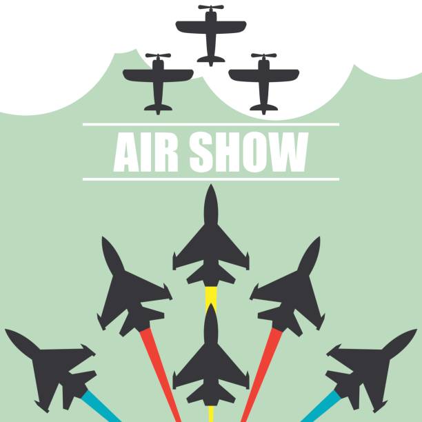 illustrations, cliparts, dessins animés et icônes de manœuvres d’un combattant des avions dans le ciel bleu pour la bannière du spectacle aérien. illustration vectorielle - airshow