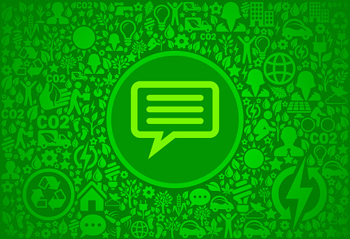 Chatbubble Environment Green Vector Icon Pattern. The main icon depicted in this royalty free vector illustration is in the center of the composition and is green in color.  It is surrounded by environmental conservation icons that vary in size and shade of color. These nature and environment icons form a seamless pattern and fill the entire background of the image. The background has a dark green color. Each icon can also be used independently of the icon pattern. Vector icons include such elements as nature, recycling, people and trees and many more.