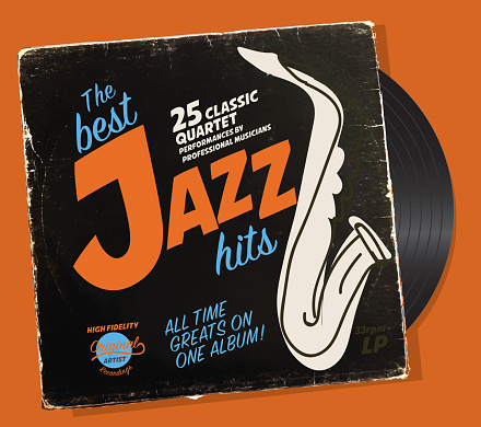 Vector illustration of a retro vinyl record sleeve with Jazz compilation sleeve design template. Fully editable and scalable.