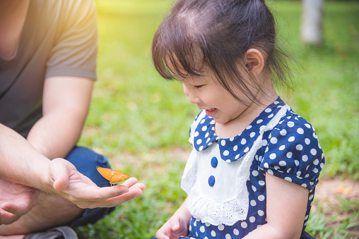 Little asian girl looking at butterfly on father hand in park,child and nature concept.