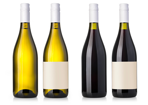 Set 2 bottles of wine with white labels isolated on white background.