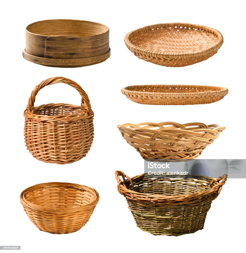 Empty basket set Empty wicker basket isolated on white . Set Basket Stock Photo