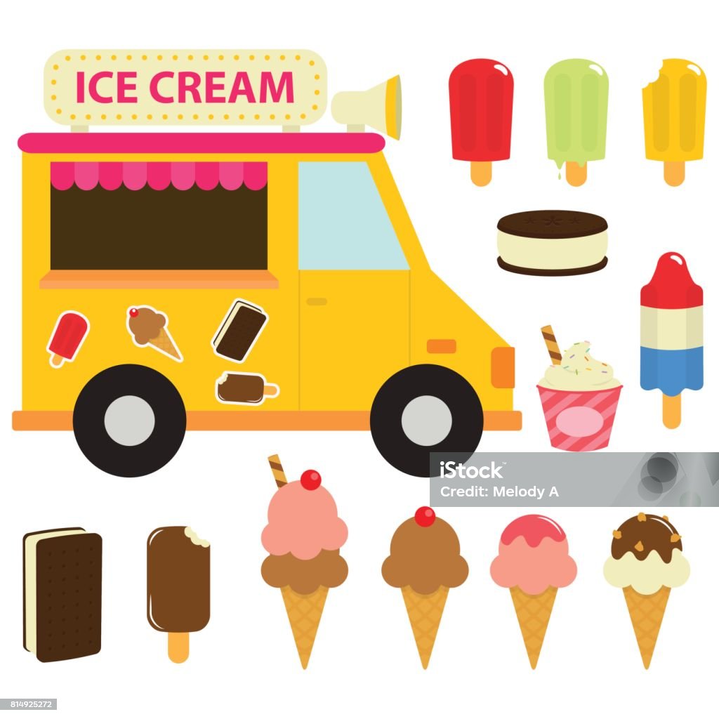 Ice Cream Truck / Popsicle / Sundae Cones In White Background Ice cream and truck collection Ice Cream Truck stock vector