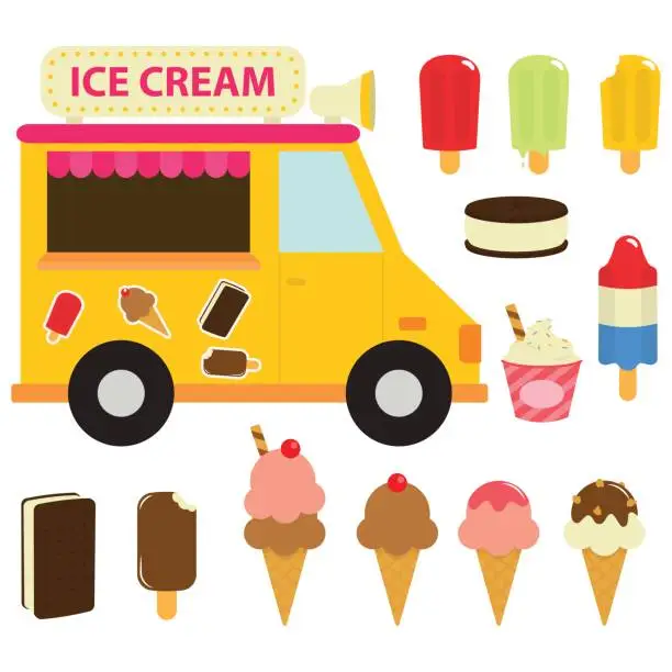 Vector illustration of Ice Cream Truck / Popsicle / Sundae Cones In White Background