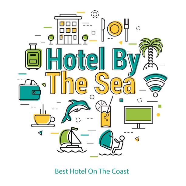 ilustrações de stock, clip art, desenhos animados e ícones de best hotel on the coast - linear concept - computer icon icon set hotel symbol