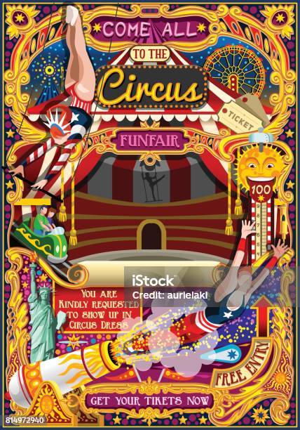 Ilustración de Parque De Atracciones De Circo Carnaval Invitan A Cartel Tienda Vector Ilustración y más Vectores Libres de Derechos de Circo