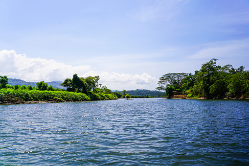 View of River Tarcoles in Puntarenas Province close to the Pacific Ocean in Costa Rica.  The Tarcoles river is famous for safari tours, looking for big crocodiles and a lot of different birds in their natural environment.