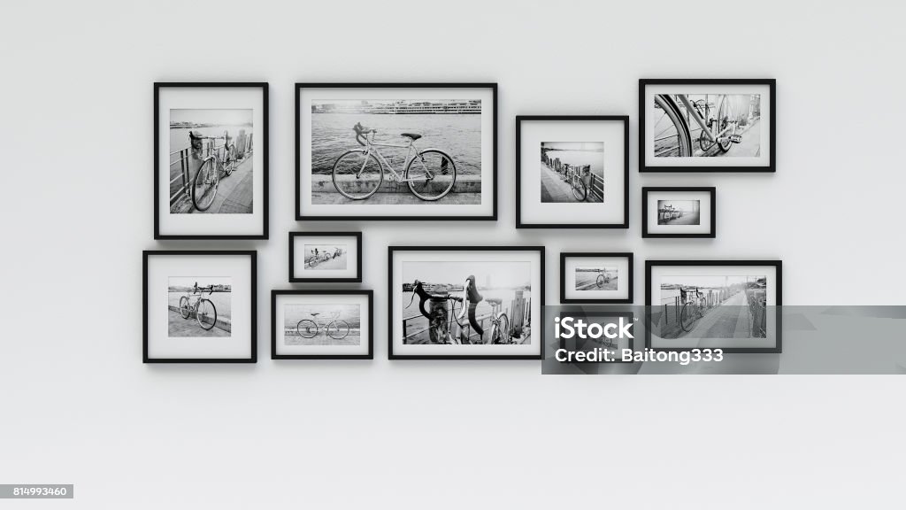 Photo frame on wall - pic bicycle (3d rendering) Art Museum Stock Photo