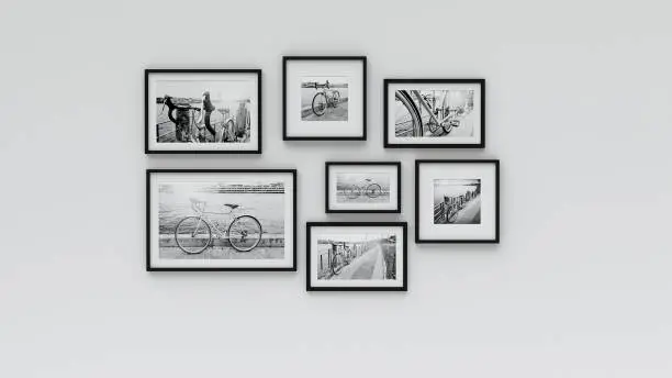 Photo frame on wall - pic bicycle (3d rendering)