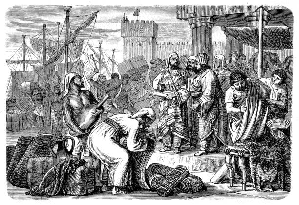 Phoenician merchants of antiquity Illustration of a Phoenician merchants of antiquity africa antique old fashioned engraving stock illustrations