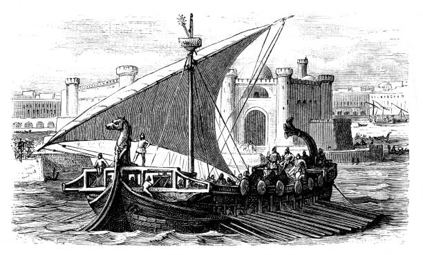 прибытие финикийских купцов в порт - древние цивилизации stock illustrations