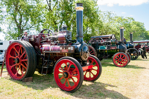 Prestwood, England - February 2017: A row of vintage agricultural traction engines at a Steam rally. 