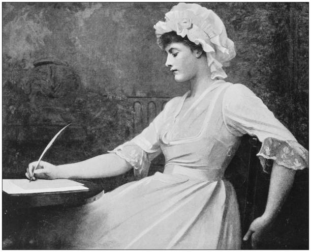 Antique photo of paintings: Woman writing Antique dotprinted photo of paintings: Woman writing alternative pose photos stock illustrations