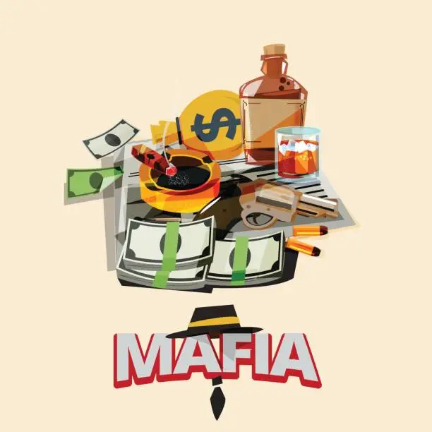 Vector illustration of bottle of liquor, cigarette on ashtray, newspaper, gun with bullet, money. mafia and gangster concept - vector