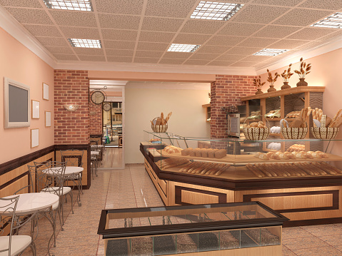 3d rendering of a bakery shop interior design