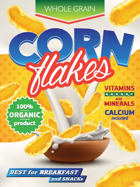 ilustraciones, imágenes clip art, dibujos animados e iconos de stock de copos de maíz realista ilustración ad con salpicaduras de leche grande. arte de alta calidad para diseño de flyer, poster o etiqueta de publicidad - corn flakes