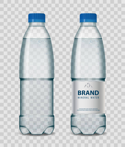 kunststoff-flasche mit mineralwasser mit blauen kappe auf transparenten hintergrund. realistische flasche-mock-up-vektor-illustration - tonic water stock-grafiken, -clipart, -cartoons und -symbole